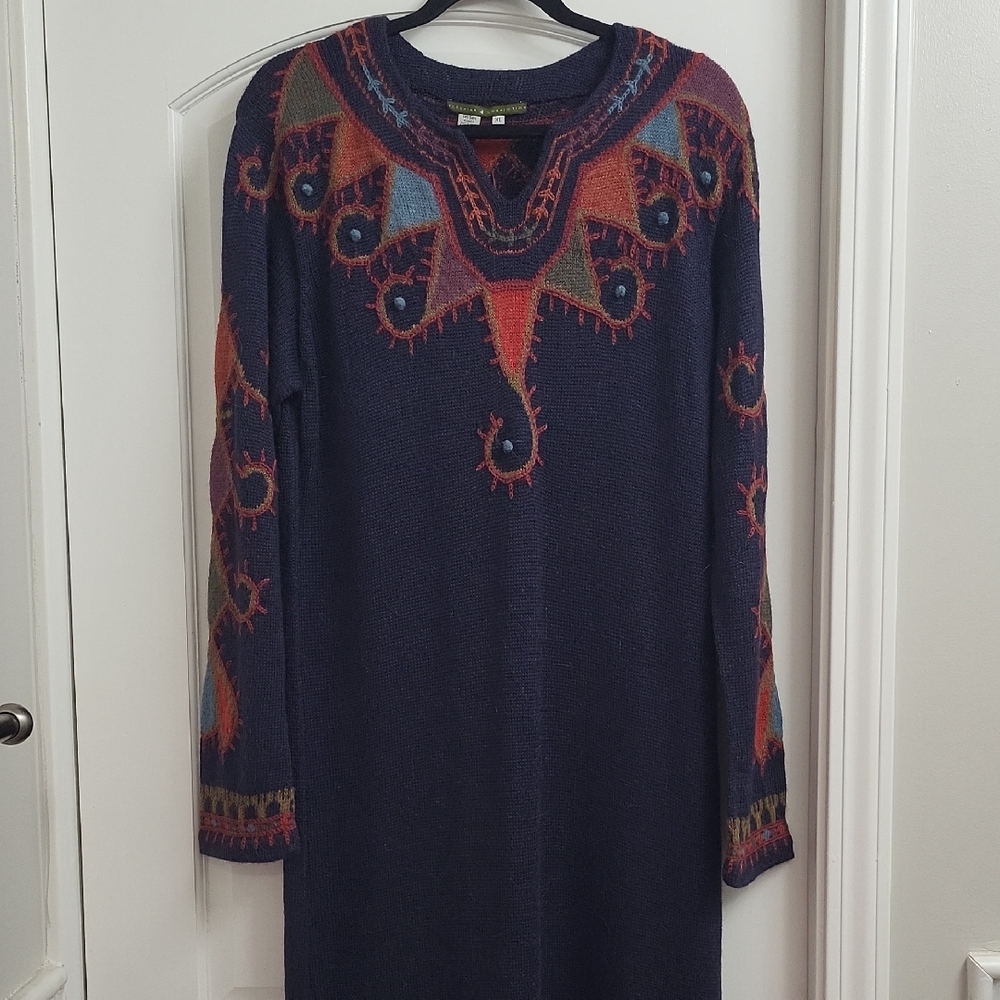 Peruvian Connection Navy and Red Long Sleeve Dress. Size XL
